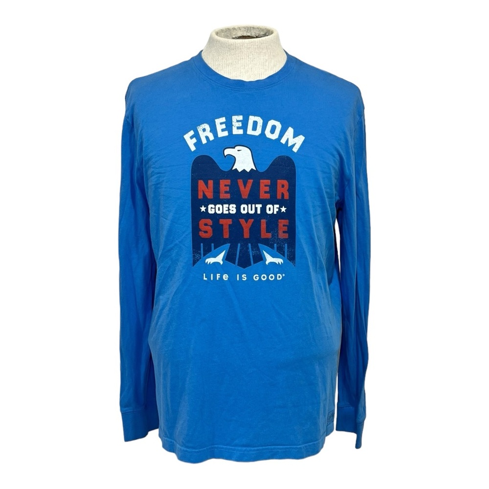 Men’s Life Is Good Freedom Eagle Blue Long Sleeve Crusher Tee Shirt Large USA
